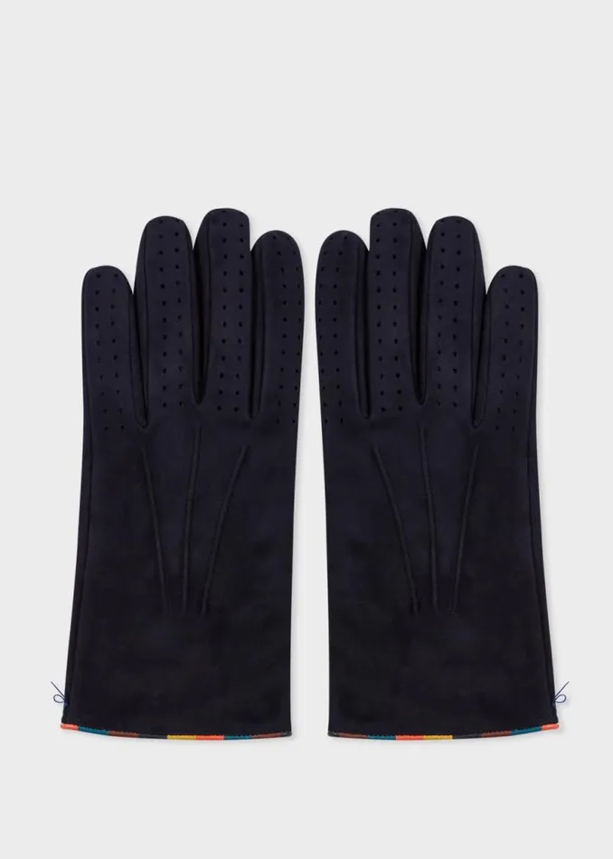Mens Paul Smith Hats and Gloves Navy Suede 039Artist Stripe039 Piping Gloves