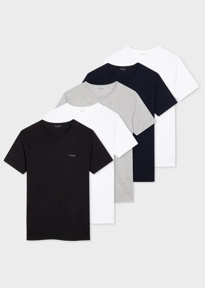 Mens Paul Smith Nightwear Mixed Colour Organic Cotton Logo Lounge TShirts Five Pack