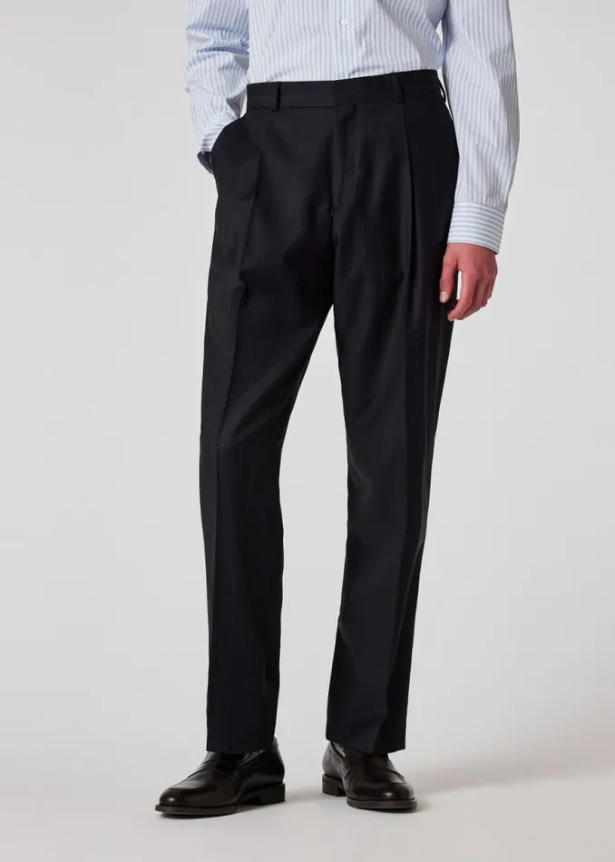 Mens Paul Smith Pants Dark Navy Pinstripe Wool Pleated Trousers