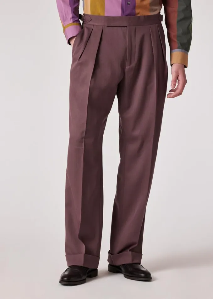 Mens Paul Smith Pants Mauve Wool Gabardine DoublePleat Wide Leg Trousers