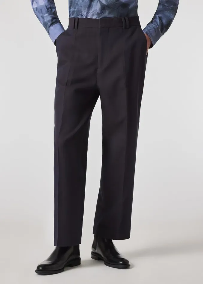 Mens Paul Smith Pants Navy Cotton And WoolBlend Twill Wide Leg Trousers