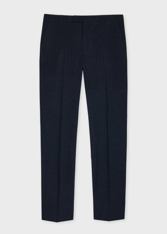 Mens Paul Smith Pants SlimFit Navy Gingham Check StretchWool Trousers