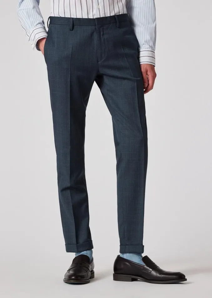 Mens Paul Smith Pants SlimFit Petrol Blue Check Wool Trousers