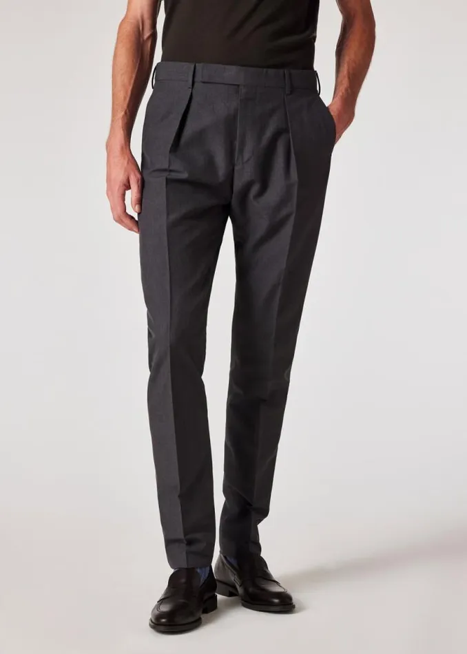 Mens Paul Smith Pants TaperedFit Dark Grey WoolCotton Pleated Trousers