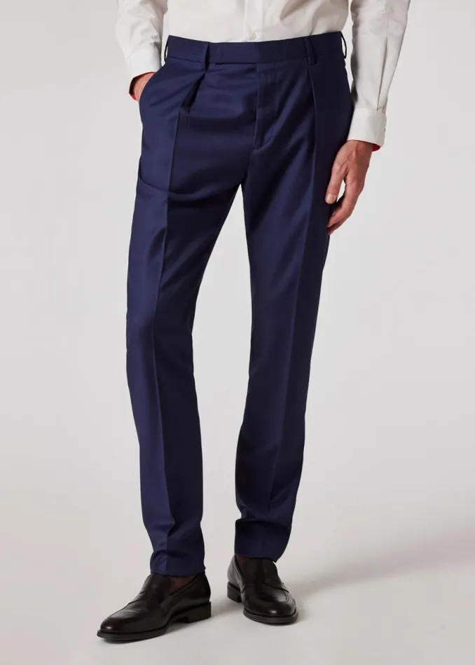 Mens Paul Smith Pants TaperedFit Navy Pinstripe Wool Pleated Trousers