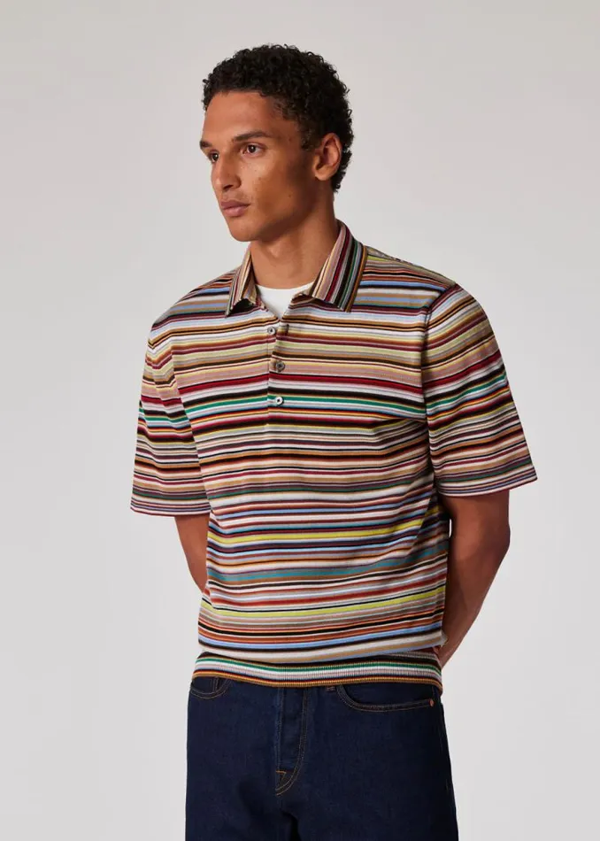 Mens Paul Smith Polo Shirts 039Signature Stripe039 Knitted Cotton Polo Shirt