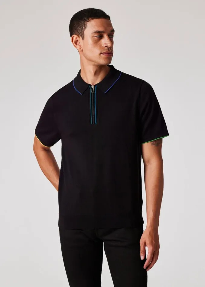 Mens Paul Smith Polo Shirts Black Knitted Cotton Zip Polo Shirt