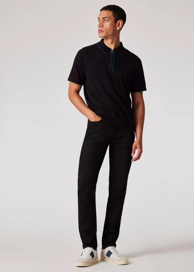 Mens Paul Smith Polo Shirts Black Knitted Cotton Zip Polo Shirt Mens Paul Smith Polo Shirts Black Knitted Cotton Zip Polo Shirt