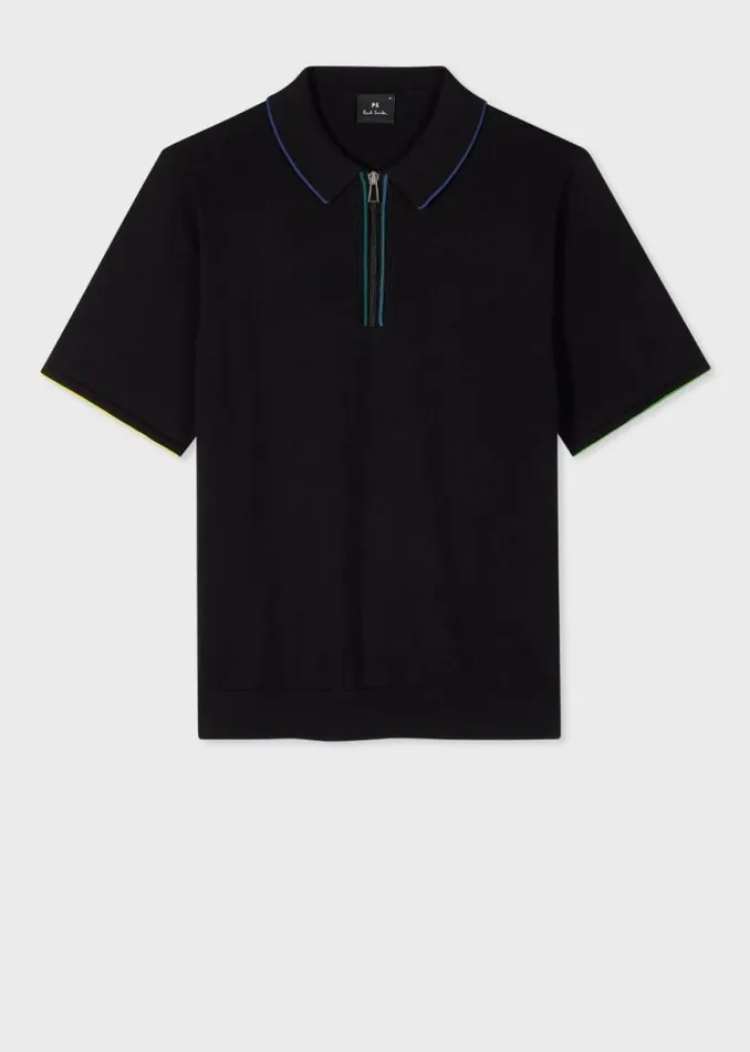 Mens Paul Smith Polo Shirts Black Knitted Cotton Zip Polo Shirt Mens Paul Smith Polo Shirts Black Knitted Cotton Zip Polo Shirt