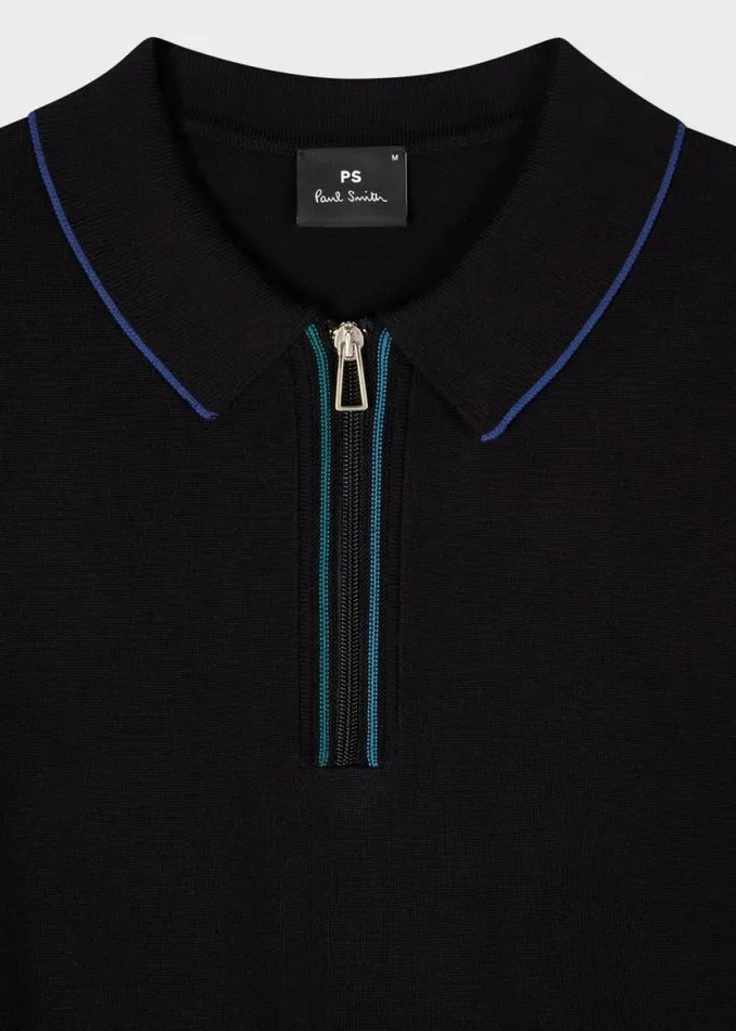 Mens Paul Smith Polo Shirts Black Knitted Cotton Zip Polo Shirt Mens Paul Smith Polo Shirts Black Knitted Cotton Zip Polo Shirt