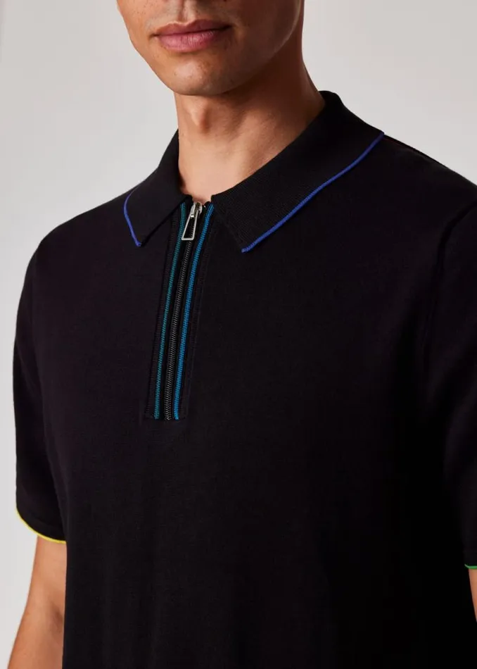 Mens Paul Smith Polo Shirts Black Knitted Cotton Zip Polo Shirt Mens Paul Smith Polo Shirts Black Knitted Cotton Zip Polo Shirt
