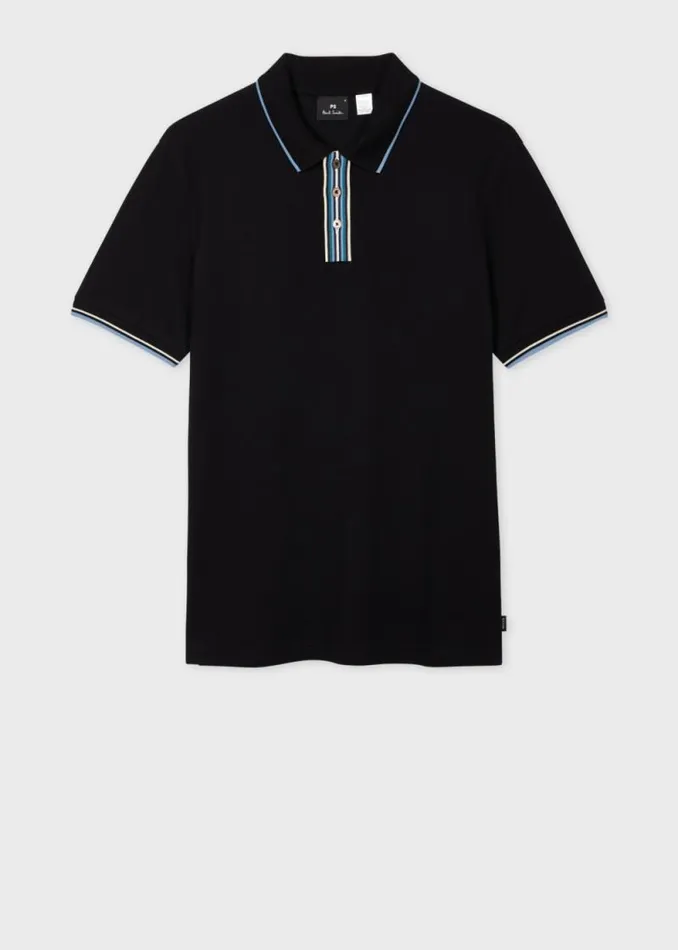 Mens Paul Smith Polo Shirts Black Polo Shirt With Stripe Tipping