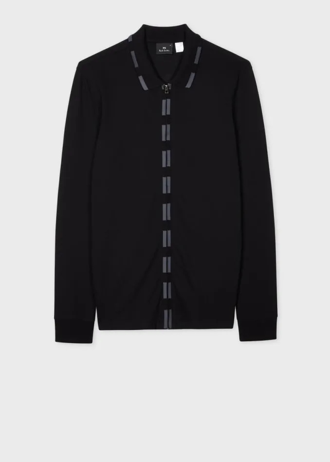 Mens Paul Smith Polo Shirts Black ZipFront LongSleeve Polo Shirt