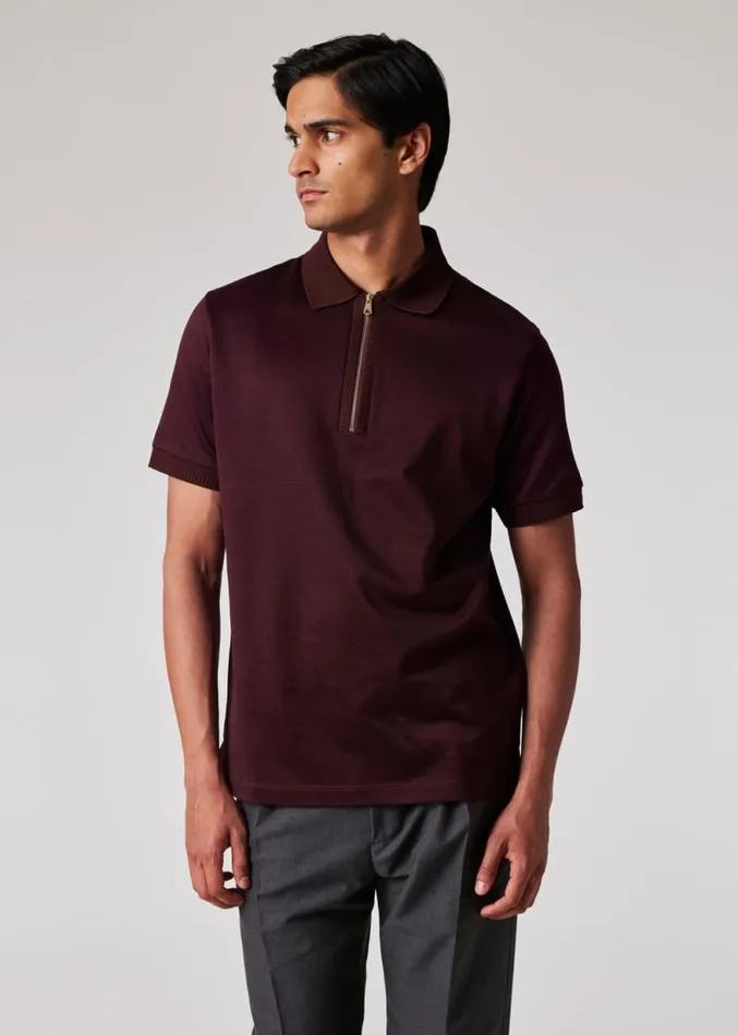 Mens Paul Smith Polo Shirts Burgundy Geo Jacquard Zip Polo Shirt