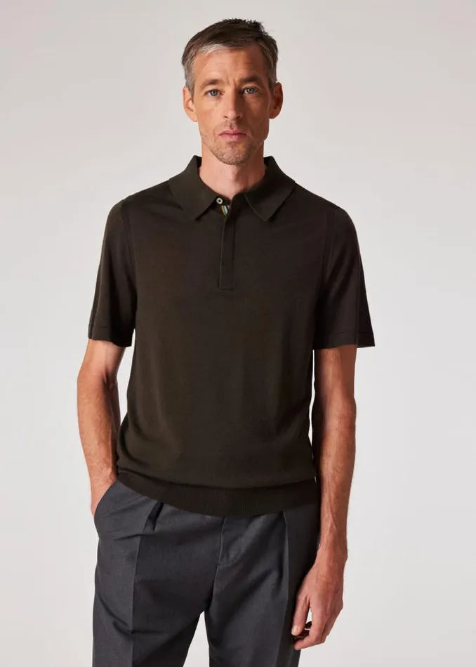 Mens Paul Smith Polo Shirts Dark Green Merino Wool Polo Shirt
