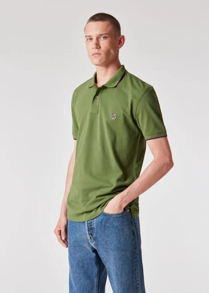 Mens Paul Smith Polo Shirts SlimFit Khaki Zebra Logo Polo Shirt With Purple Tipping Mens Paul Smith Polo Shirts SlimFit Khaki Zebra Logo Polo Shirt With Purple Tipping