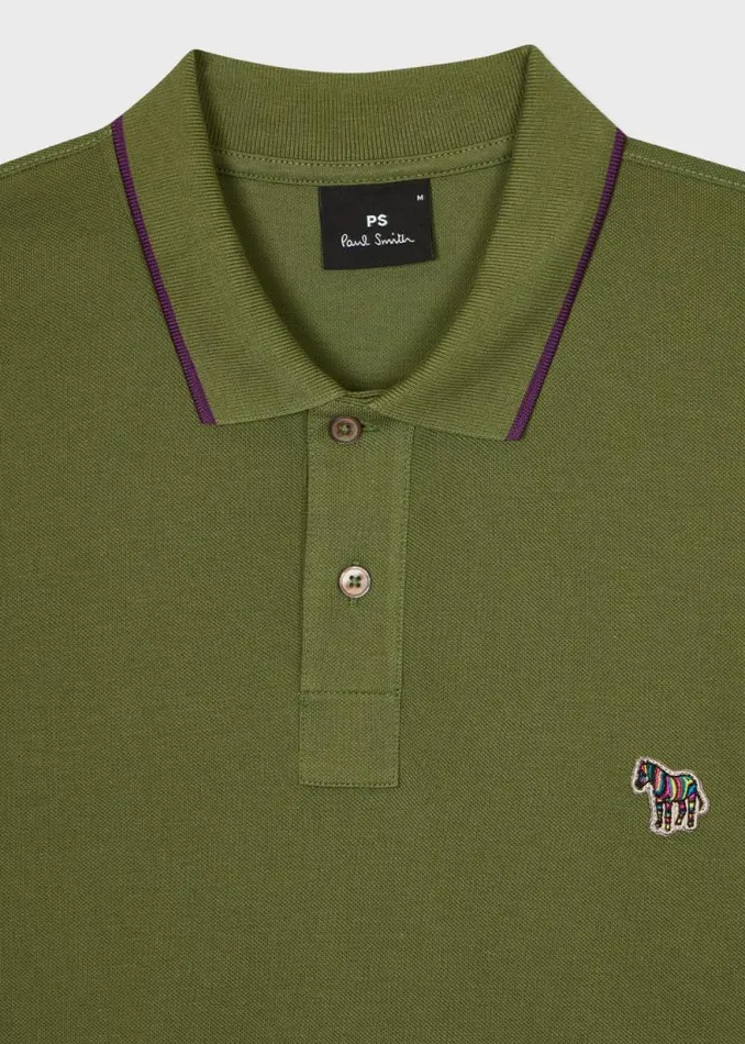Mens Paul Smith Polo Shirts SlimFit Khaki Zebra Logo Polo Shirt With Purple Tipping Mens Paul Smith Polo Shirts SlimFit Khaki Zebra Logo Polo Shirt With Purple Tipping