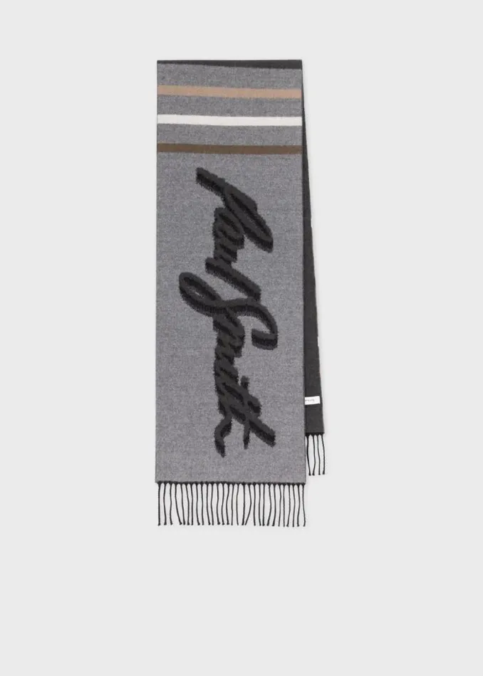 Mens Paul Smith Scarves Grey WoolBlend Logo Jacquard Scarf