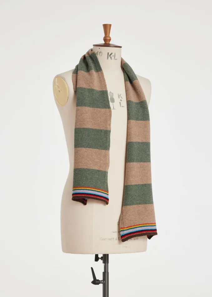 Mens Paul Smith Scarves Khaki And Tan Block Stripe Scarf With 039Signature Stripe039 Trim Mens Paul Smith Scarves Khaki And Tan Block Stripe Scarf With 039Signature Stripe039 Trim