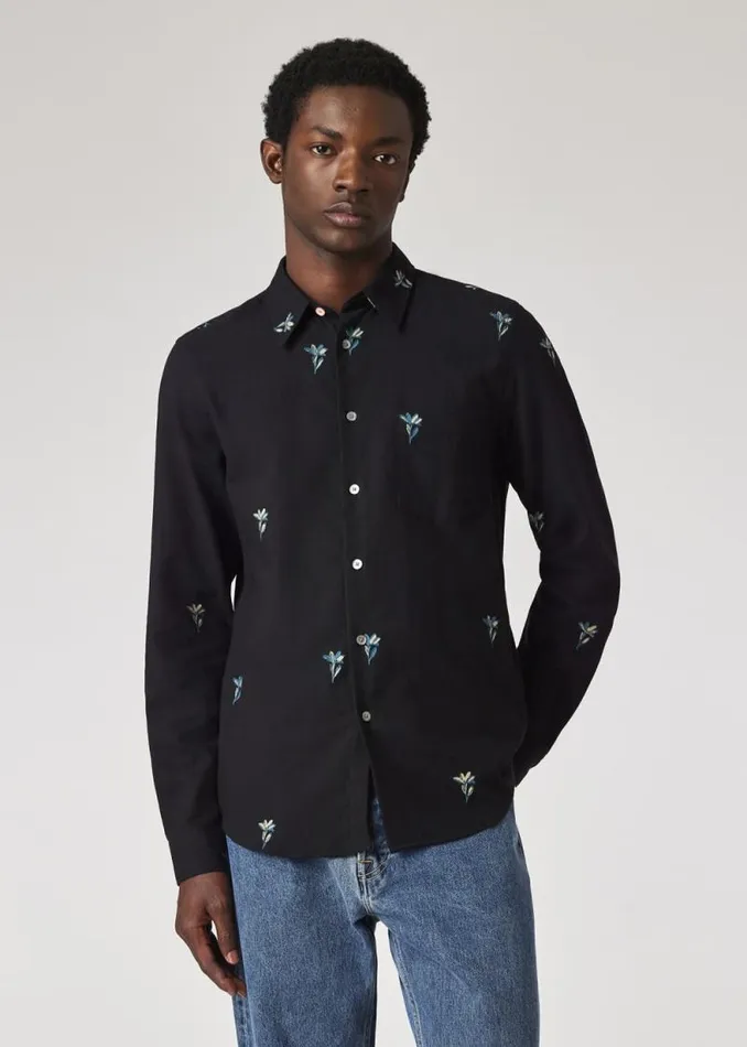 Mens Paul Smith Shirts Black Floral CottonFlannel TailoredFit Shirt