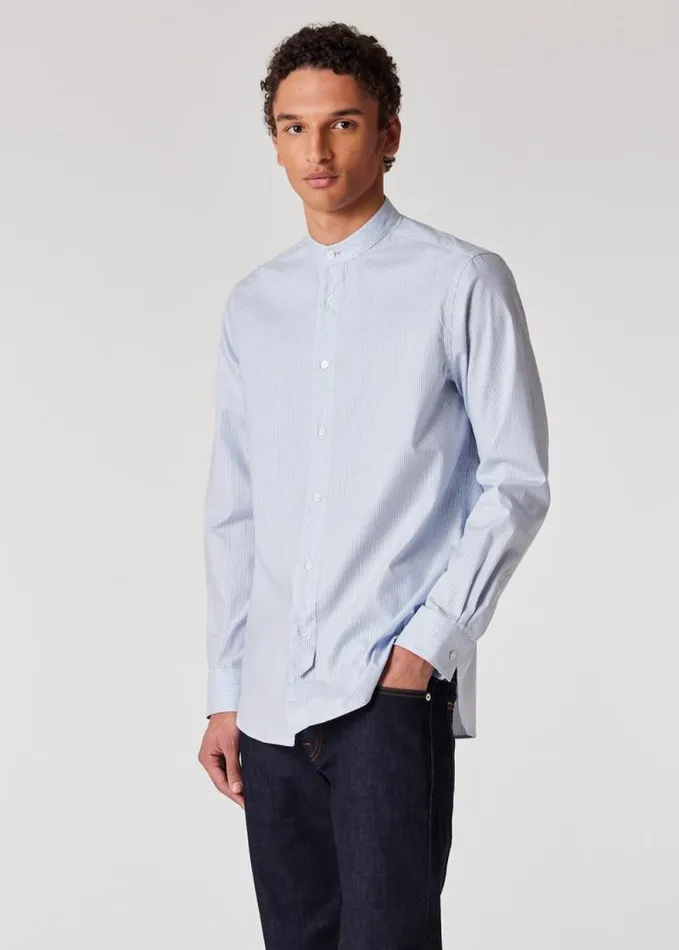 Mens Paul Smith Shirts Light Blue Stripe StandCollar Shirt