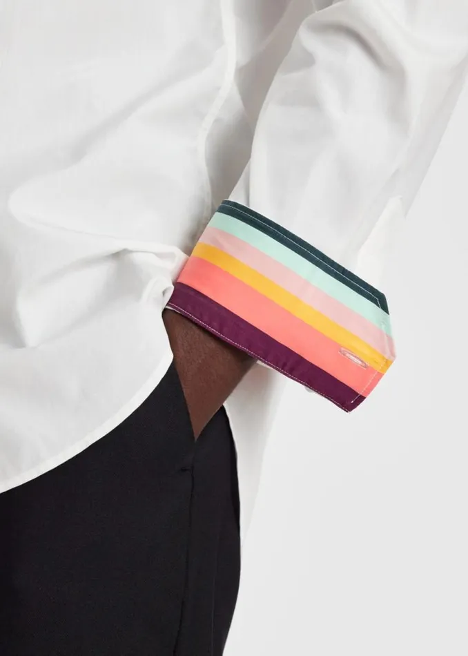 Mens Paul Smith Shirts SlimFit White Poplin Cotton Shirt With 039Artist Stripe039 Cuff Lining Mens Paul Smith Shirts SlimFit White Poplin Cotton Shirt With 039Artist Stripe039 Cuff Lining