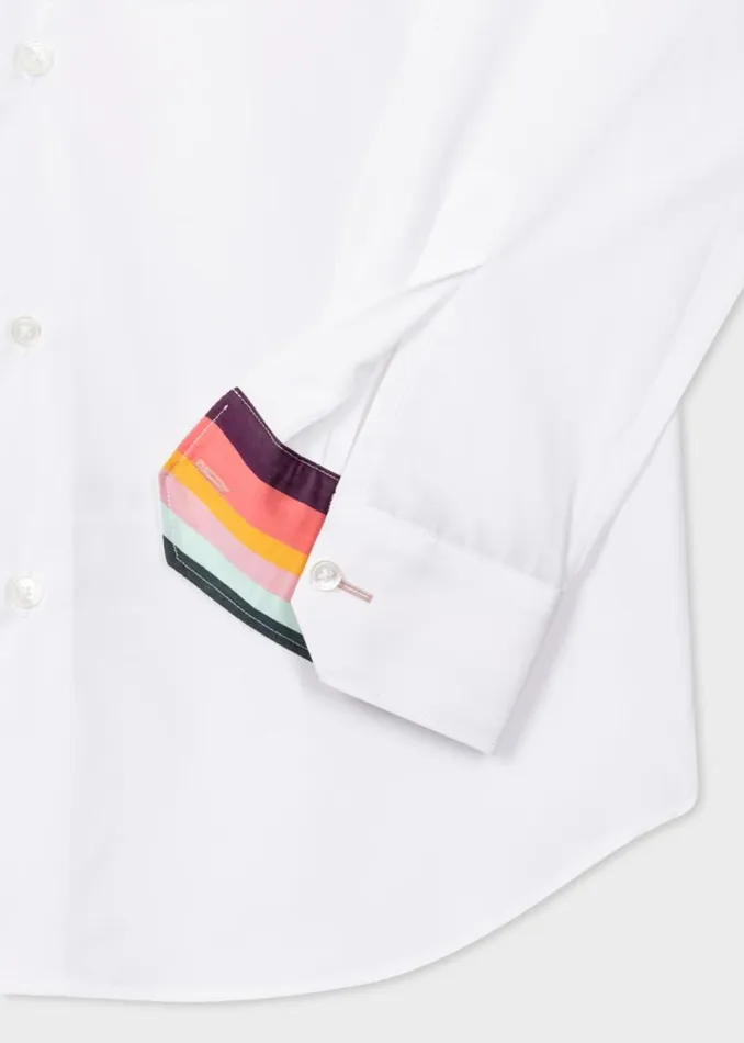 Mens Paul Smith Shirts SlimFit White Poplin Cotton Shirt With 039Artist Stripe039 Cuff Lining Mens Paul Smith Shirts SlimFit White Poplin Cotton Shirt With 039Artist Stripe039 Cuff Lining