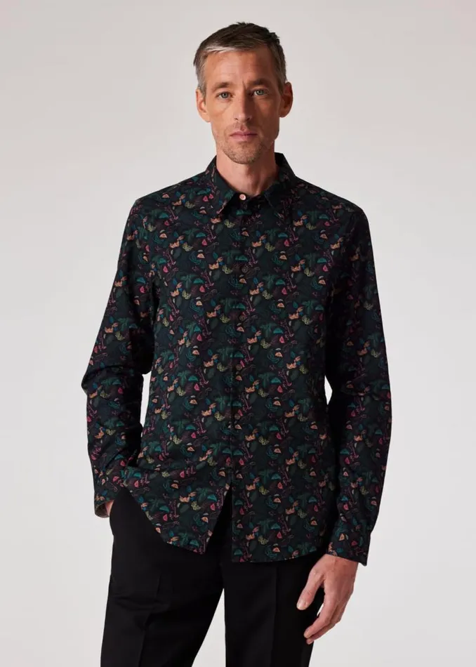 Mens Paul Smith Shirts TailoredFit Black 039Leaf039 Print Cotton Shirt