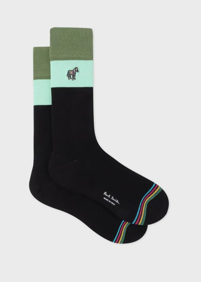 Mens Paul Smith Socks Black Zebra Embroidered Block Cuff Socks
