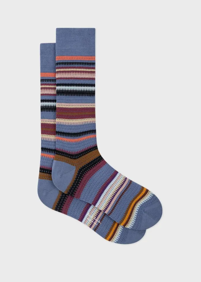 Mens Paul Smith Socks Blue CottonBlend Mixed Stripe Socks