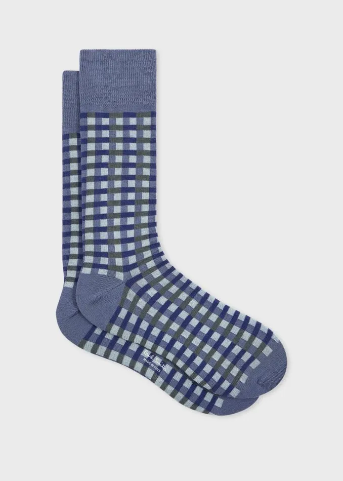 Mens Paul Smith Socks Blue CottonBlend Multi Colour Check Socks