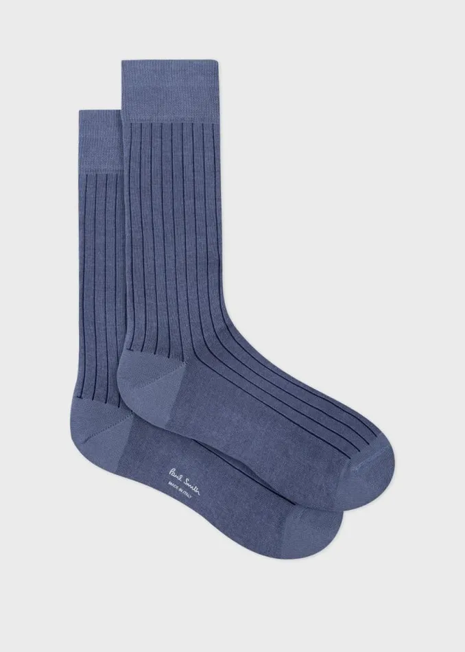 Mens Paul Smith Socks Blue Ribbed CottonBlend Socks