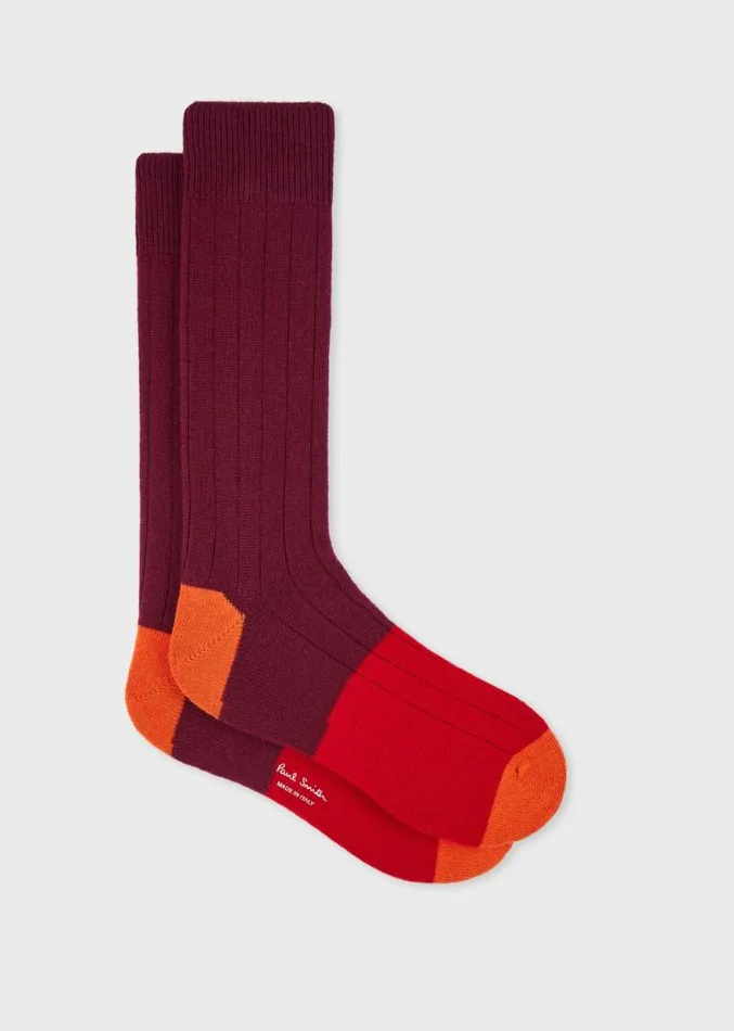 Mens Paul Smith Socks Burgundy CashmereBlend Block Stripe Socks