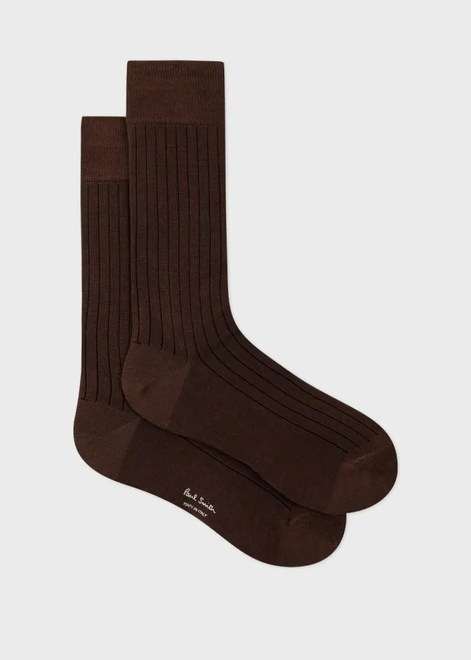 Mens Paul Smith Socks Dark Brown Ribbed CottonBlend Socks