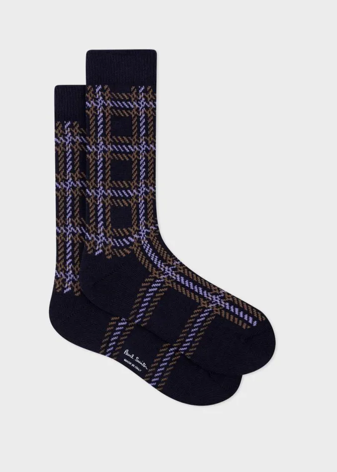 Mens Paul Smith Socks Navy Cotton And WoolBlend Check Socks