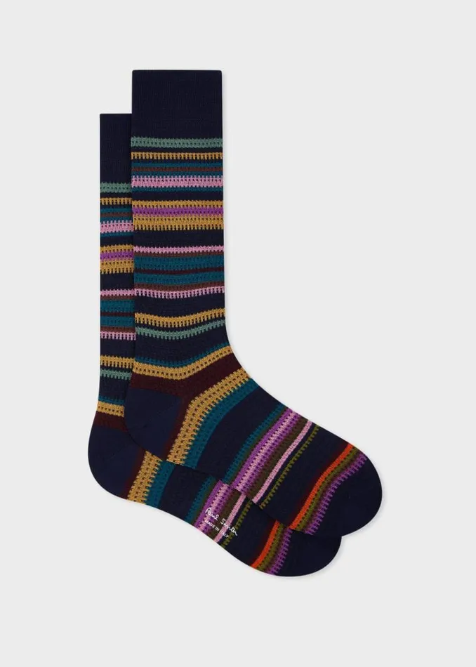 Mens Paul Smith Socks Navy CottonBlend Mixed Stripe Socks