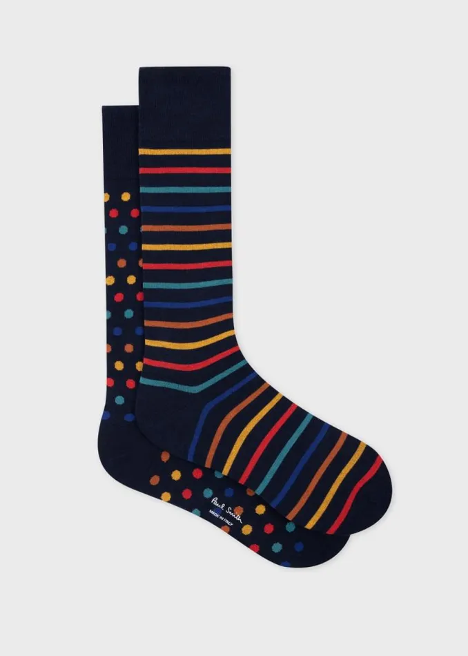 Mens Paul Smith Socks Navy Mismatched 039Artist Stripe and Dot039 Socks
