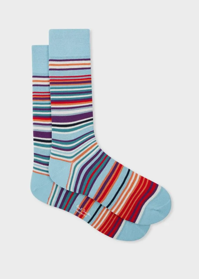 Mens Paul Smith Socks Pale Blue CottonBlend Multi Colour Stripe Socks