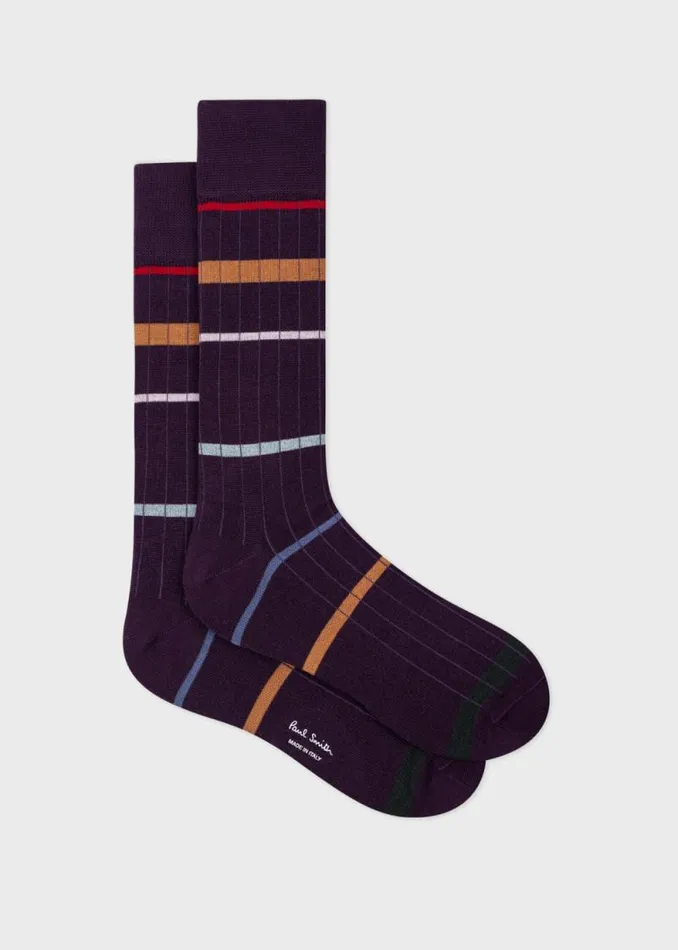 Mens Paul Smith Socks Purple Spaced Stripe Ribbed Socks