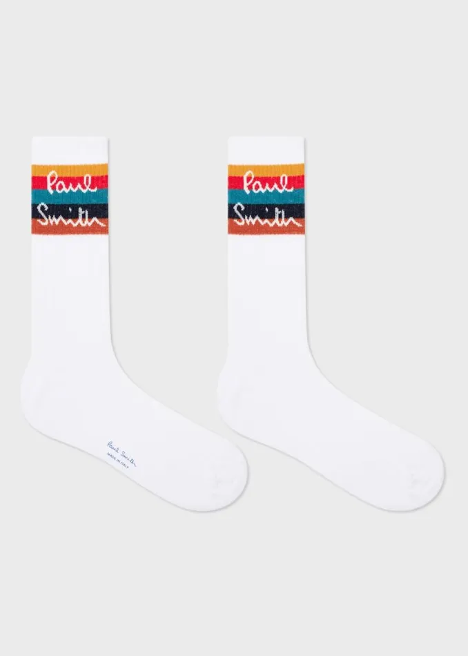 Mens Paul Smith Socks White 039Artist Stripe039 Logo Socks