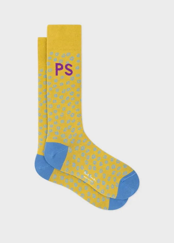 Mens Paul Smith Socks Yellow CottonBlend Floral Socks