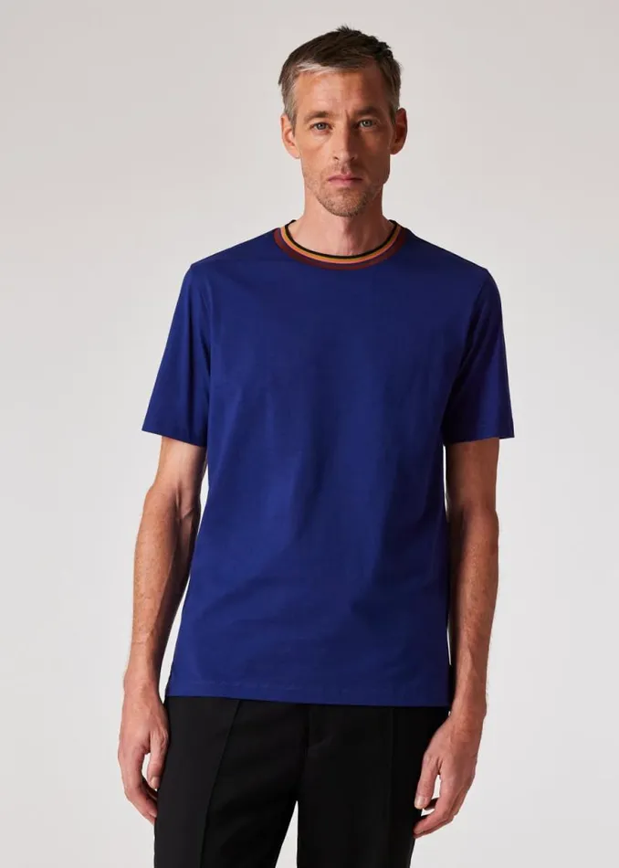 Mens Paul Smith TShirts Cobalt Blue 039Artist Stripe039 Collar Cotton TShirt