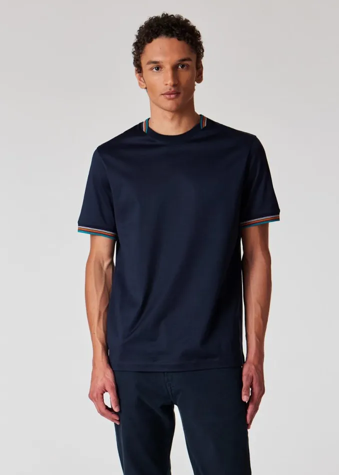 Mens Paul Smith TShirts Navy Mercerised Cotton 039Signature Stripe039 Trim TShirt