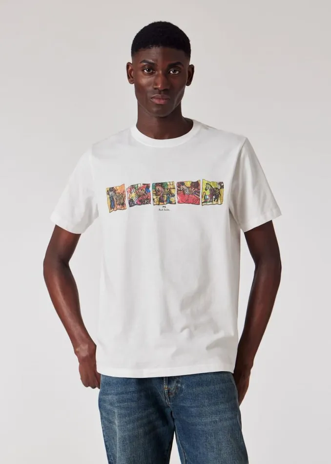 Mens Paul Smith TShirts White 039Zebra039 Line Up Print TShirt