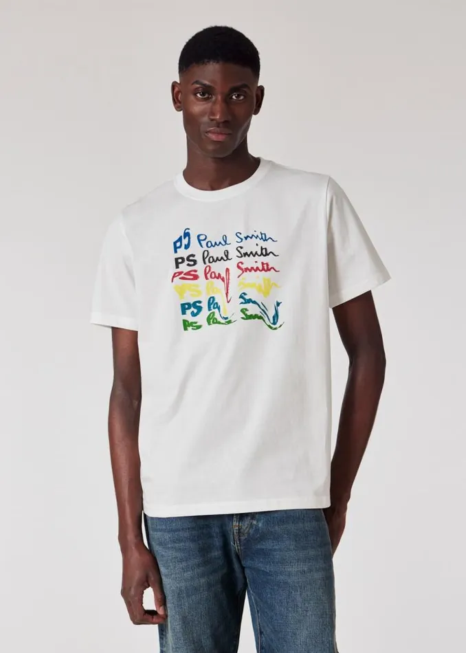 Mens Paul Smith TShirts White OrganicCotton 039Waved Repeat Logo039 Print TShirt Mens Paul Smith TShirts White OrganicCotton 039Waved Repeat Logo039 Print TShirt