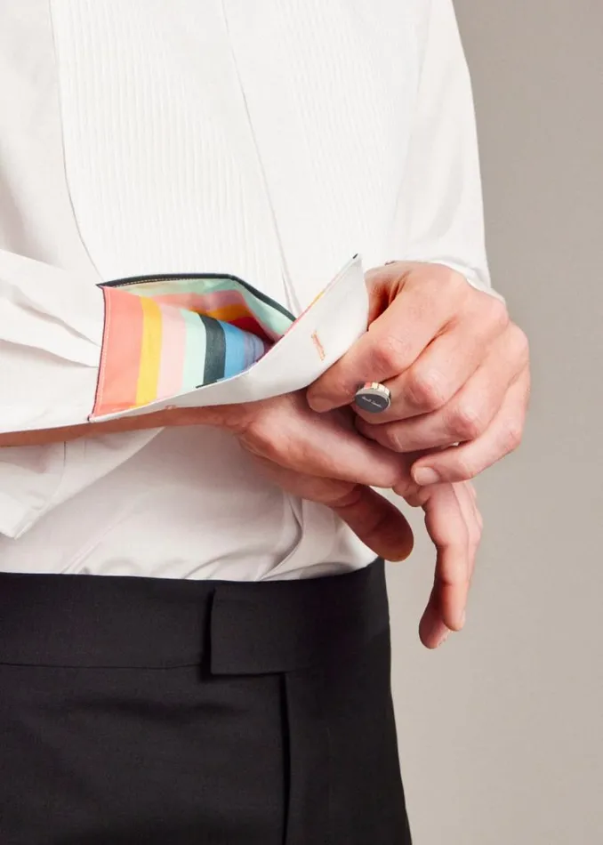 Mens Paul Smith The Classics TailoredFit White PleatedBib Cotton Evening Shirt With 039Artist Stripe039 DoubleCuff Mens Paul Smith The Classics TailoredFit White PleatedBib Cotton Evening Shirt With 039Artist Stripe039 DoubleCuff