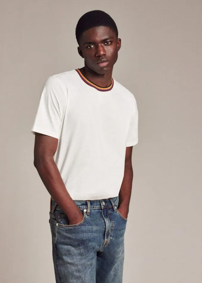 Mens Paul Smith The Classics White 039Artist Stripe039 Collar Cotton TShirt