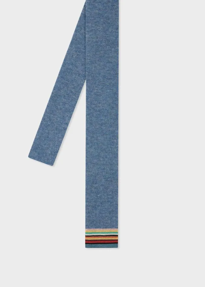 Mens Paul Smith Ties Blue Knitted Cotton Tie With 039Signature Stripe039 Tip