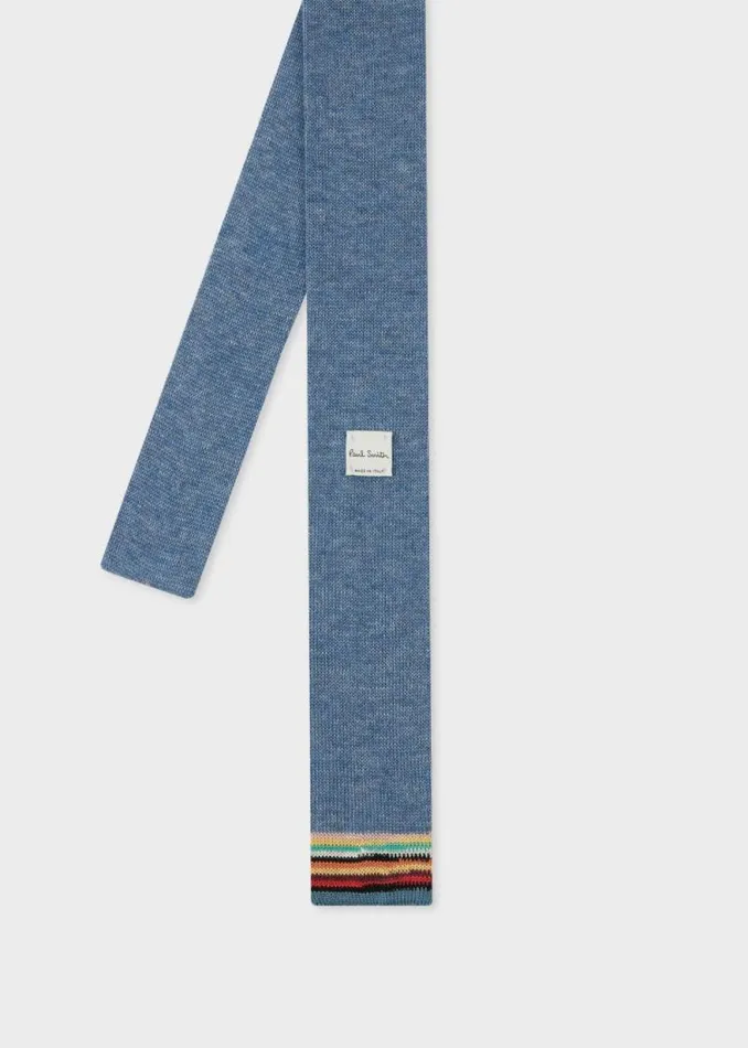 Mens Paul Smith Ties Blue Knitted Cotton Tie With 039Signature Stripe039 Tip