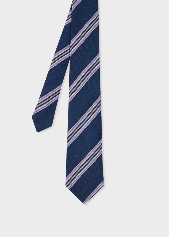 Mens Paul Smith Ties Dark Blue LinenBlend Block Stripe Tie
